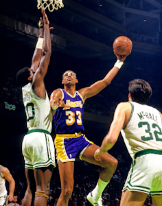 Los Angeles Lakers Kareem Abdul-Jabbar with Boston Celtics Robert Parish and Kevin McHale late 1980s