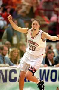 MINNEAPOLIS - APRIL 2: University of Connecticut Huskies star center Rebecca Lobo exults as her team defeats the University of Tennessee Lady Vols to win the NCAA Womens Basketball Championship on April 2,1995 in Minneapolis, Michigan. Huskies won 70-64. University of Connecticut Huskies are the first to have a undefeated championship season in Womens Division 1 in college basketball history. (Photo by Matthew Stockman/Getty Images)
