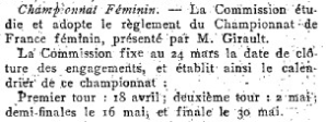Décision comité sportif FFBB - 11 mars 1937 - Adoption du réglement du championnat de France féminin